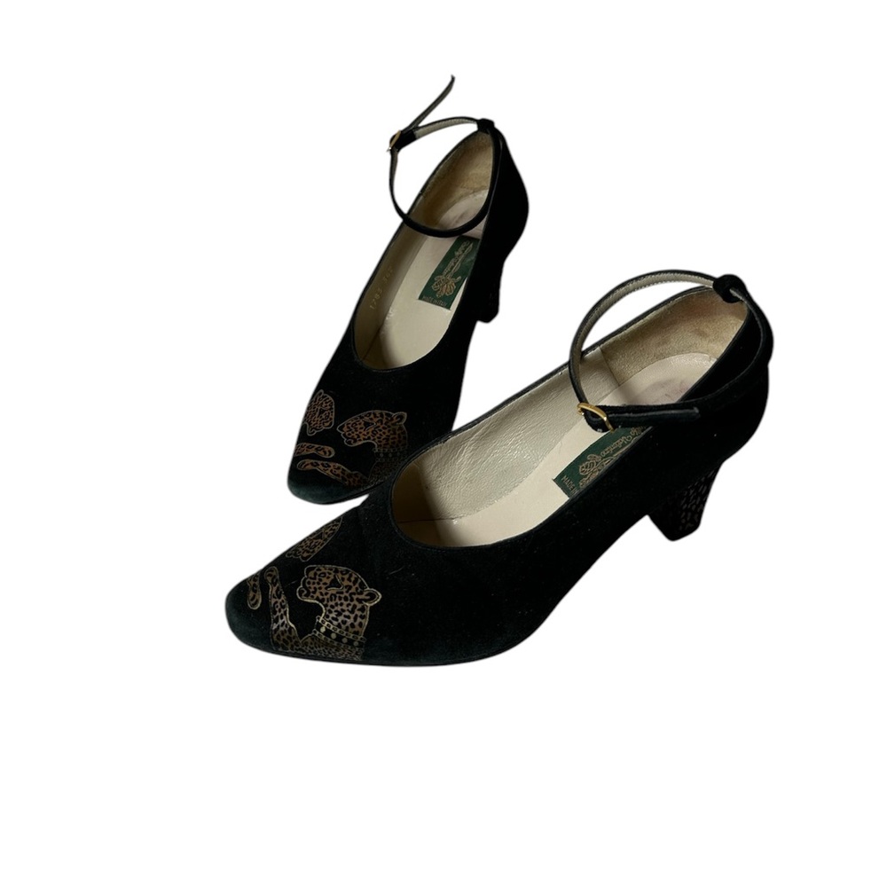 black and gold cheetah suede leather heel pumps ankle strap Italy 5.5 35.5